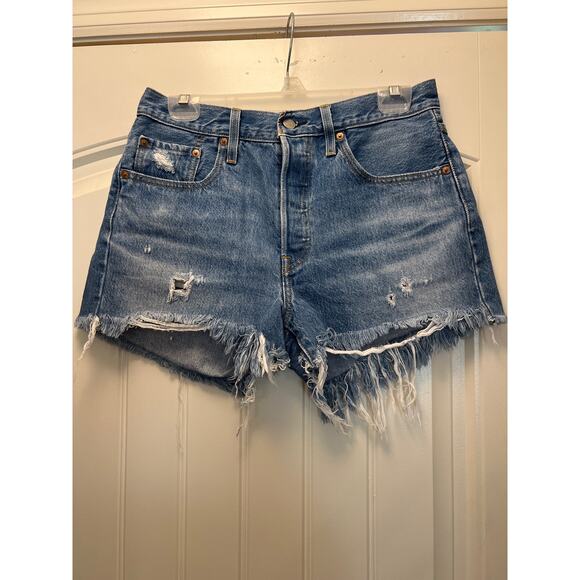 Levi’s 501 Women’s High Waisted Cotton Distressed Denim Shorts Size 28 Blue